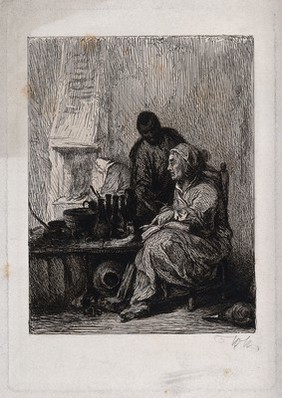 A witch at her table being helped by her attendant: they are surrounded by various bottles, mortars and jars. Etching by W. Unger.