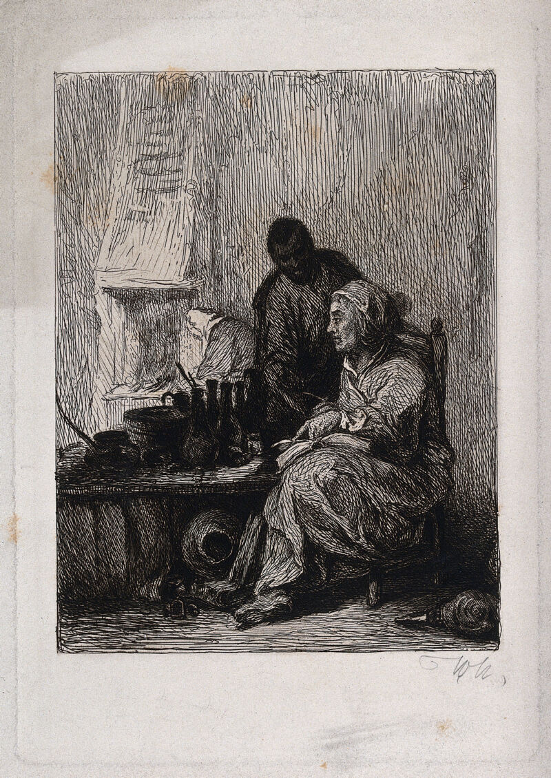 A witch at her table being helped by her attendant: they are surrounded by various bottles, mortars and jars. Etching by W. Unger., by William Unger