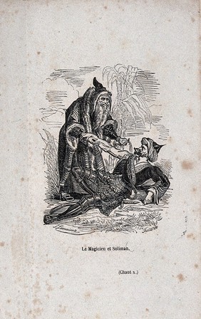 The sorcerer Ismen and Suleyman: an episode in Gerusalemme liberata by Tasso. Wood engraving by J.A. Faxardo after J.J. Lecurieux, 1838.