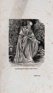 The sorcerer Isman with a wand in an enchanted forest: an episode in Gerusalemme liberata by Tasso. Wood engraving by J.A. Faxardo after J.J. Lecurieux, 1838.