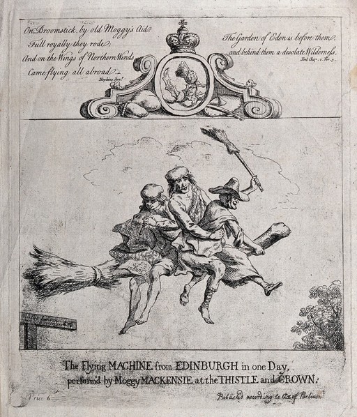 Two scotsmen and a witch flying on a broomstick. Etching by P. Sandby with text by Hopkins.