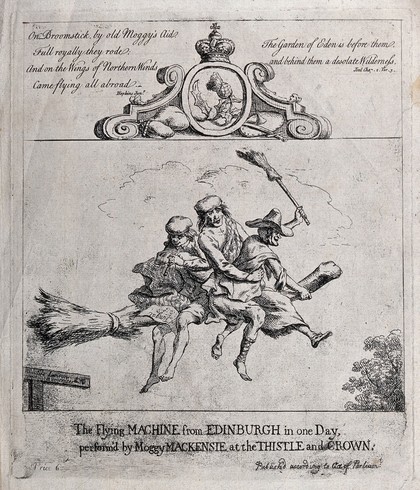 Two Scotsmen flying on a witch's broomstick from Edinburgh to London; representing Scots usurping the positions of southerners under the government of Lord Bute. Etching by P. Sandby, 1762.