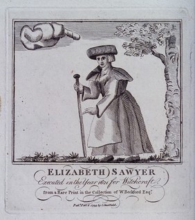 Elizabeth Sawyer, of Edmonton, Middlesex, who was executed for witchcraft in 1621. Etching, 1794.