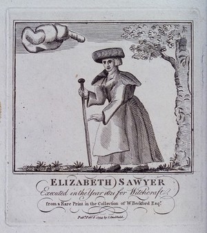 view Elizabeth Sawyer, of Edmonton, Middlesex, who was executed for witchcraft in 1621. Etching, 1794.