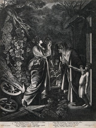 Ceres, at night, drinking from a flask provided by an old woman, while her young son mocks. Etching by W. Hollar, 1646, after A. Elsheimer.