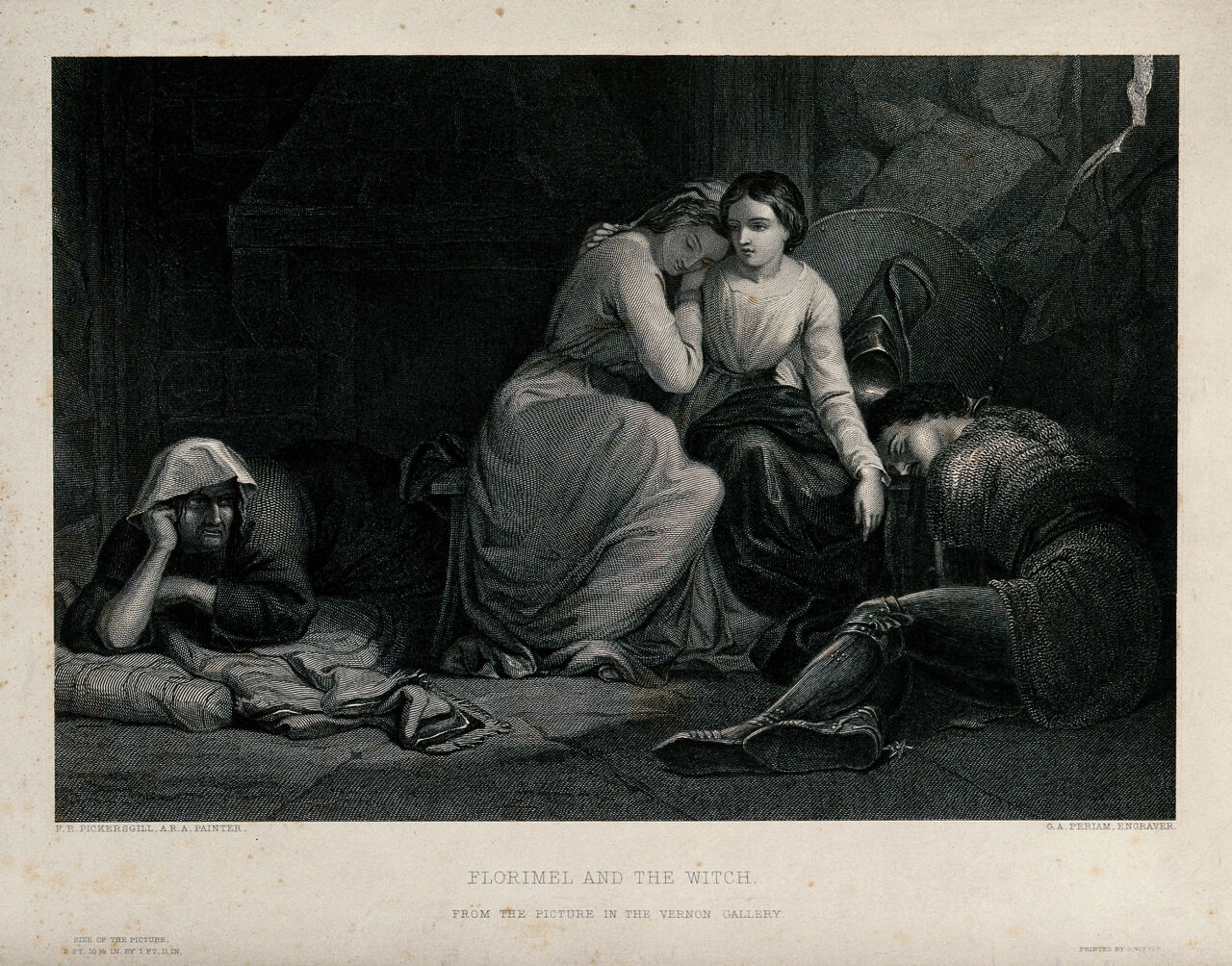 Amoret and Aemylia, with Prince Arthur (right), in the cottage of Sclaunder (Slander). Engraving by G.A. Periam after F.R. Pickersgill., 1800-1899, by Frederick Richard Pickersgill