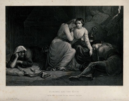 Amoret and Aemylia, with Prince Arthur (right), in the cottage of Sclaunder (Slander). Engraving by G.A. Periam after F.R. Pickersgill.