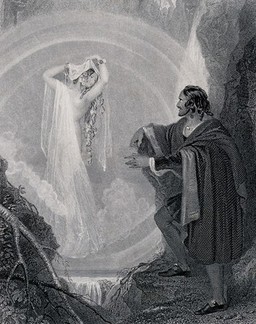 A traveller being entranced by a witch disguised as a beautiful woman in the Alps. Engraving by T. Stocks after F. Meadows.