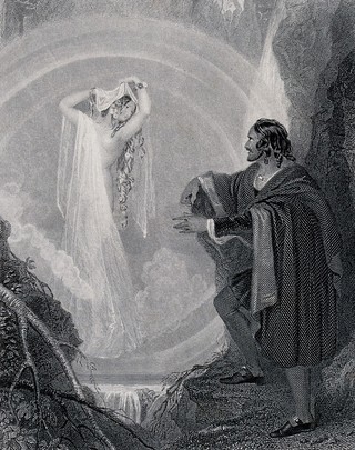 A traveller being entranced by a witch disguised as a beautiful woman in the Alps. Engraving by T. Stocks after F. Meadows.