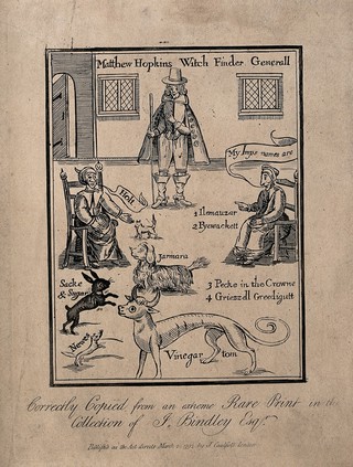 Matthew Hopkins, Witchfinder general, with two supposed witches calling out the names of their demons, some of which are represented by animals. Etching, 1792, after an earlier woodcut.