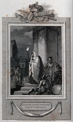 view Eleanor doing penance for witchcraft. Engraving by A. Smith, 1811, after R. Smirke.