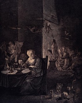 Preparation for the witches' sabbath. Engraving by J. Aliamet after D. Teniers the younger, 1755.