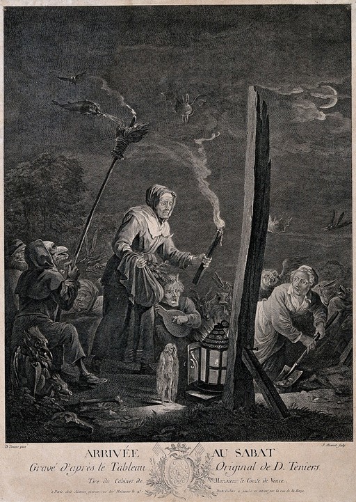 Demons and witches arrive at the sabbath. Engraving by J. Aliamet after D. Teniers the younger, 18th century.