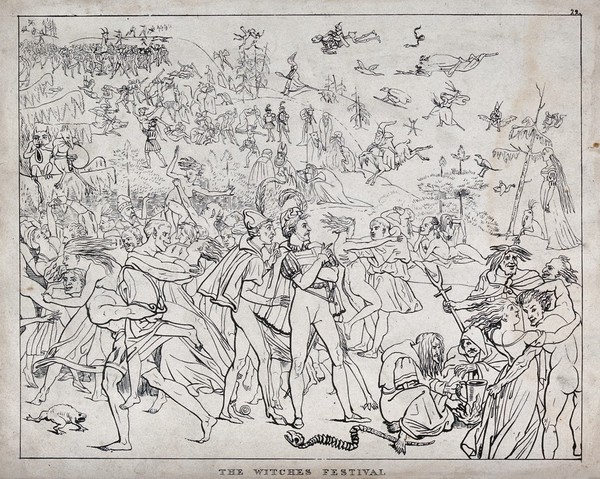 Two men in the midst of the orgies of a witches' sabbath. Wood engraving.