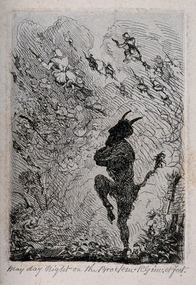 Walpurgisnacht: a devil sees witches on broomsticks setting off into the night. Etching by R. Girling.