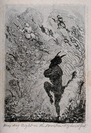 view Walpurgisnacht: a devil sees witches on broomsticks setting off into the night. Etching by R. Girling.