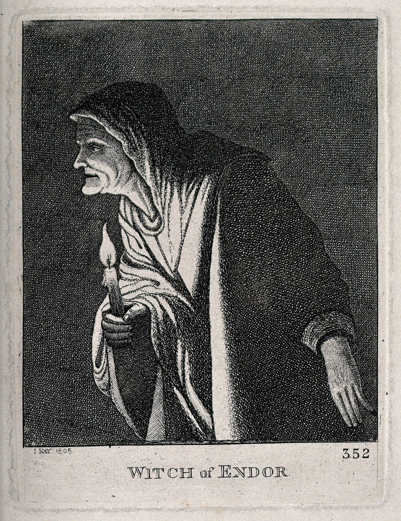 The witch of Endor with a candle. Engraving by J. Kay, 1805, after A. Elsheimer., 1805, by Adam Elsheimer