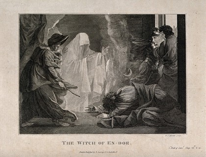 The witch of Endor conjures up the ghost of Samuel at the request of Saul, who lies petrified on the ground. Engraving by R.I. Martin after B. West.