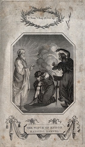 The witch of Endor conjures the ghost of Samuel; Saul bows before him on the right. Etching, 18th century.