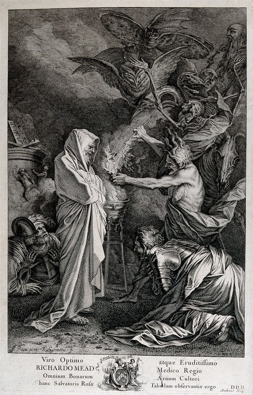 Saul consults Samuel after the witch of Endor has conjured him from the dead; demons crowd the background. Engraving by A. Laurentius, 18th century, after S. Rosa.