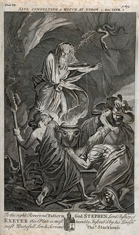 Saul consults the witch of Endor. Engraving by J. Mynde, c. 1737.