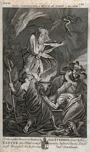 view Saul consults the witch of Endor. Engraving by J. Mynde, c. 1737.