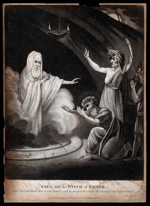 view Saul bows to Samuel after the witch of Endor has conjured him from the dead. Mezzotint, 1795.