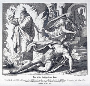 view Saul collapses as the witch of Endor conjures Samuel from the dead. Wood engraving after J. Schnorr von Carolsfeld.