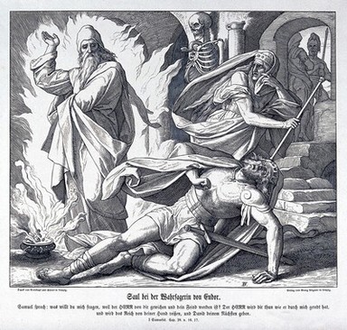 Saul collapses as the witch of Endor conjures Samuel from the dead. Wood engraving after J. Schnorr von Carolsfeld.