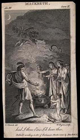 Macbeth consults the three witches; an apparition appears of a bloody child, who calls Macbeth's name three times. Engraving by W. Byrne, 1773, after E. Edwards.
