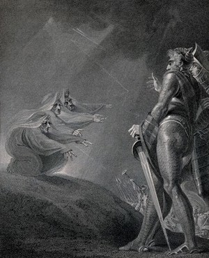 view Macbeth and Banquo meet the three witches on a heath; scene from Shakespeare's 'Macbeth'. Engraving by W. Bromley after J.H. Füssli (Fuseli).