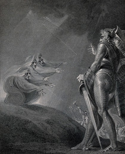 Macbeth and Banquo meet the three witches on a heath; scene from Shakespeare's 'Macbeth'. Engraving by W. Bromley after J.H. Füssli (Fuseli).