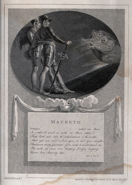 Macbeth and Banquo meet the three witches on a heath; scene from Shakespeare's 'Macbeth'. Engraving by J. Heath, 1804, after J.H. Füssli.