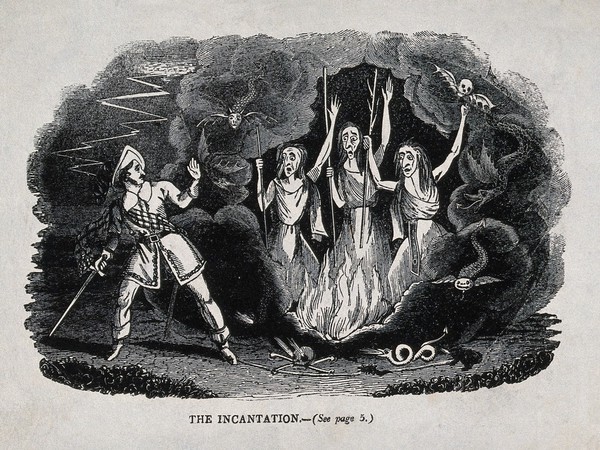 Macbeth meets the three witches; scene from Shakespeare's 'Macbeth'. Wood engraving, 19th century.