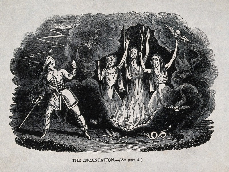 Macbeth meets the three witches; scene from Shakespeare's 'Macbeth'. Wood engraving, 19th century., by William Shakespeare