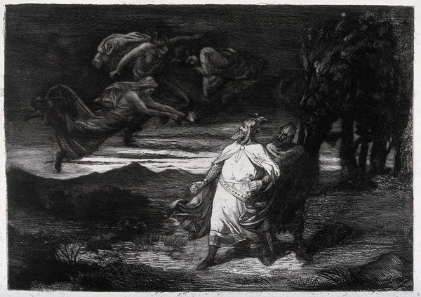 The three witches hover over Macbeth and Banquo (?). Etching.