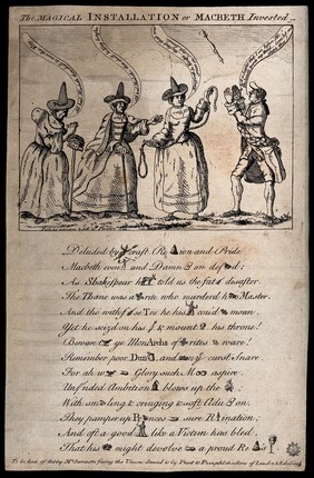 Two witches tell Macbeth (representing the Earl of Bute) that he will be king and another, holding a noose, says he will be "Knight - the first that ever graced the Scottish annals". Etching, 1762.