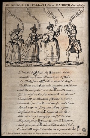 view Two witches tell Macbeth (representing the Earl of Bute) that he will be king and another, holding a noose, says he will be "Knight - the first that ever graced the Scottish annals". Etching, 1762.