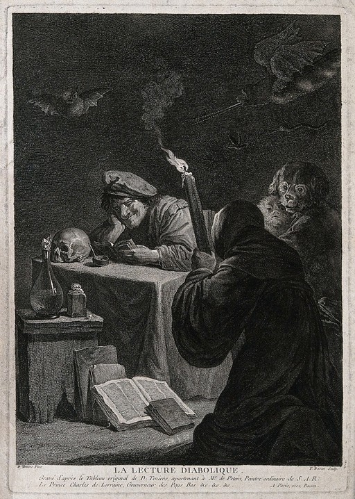 A man reading a book, smiling; next to him a hooded man, kneeling on the floor, is holding a torch; bats, a monkey and a dog in the background. Engraving by Bason after Teniers, 1750/1790.
