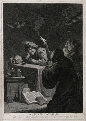 view A man reading a grimoire, grinning; next to him a hooded man, kneeling on the floor, is holding a torch: they are conjuring up demons. Engraving by F. Basan after D. Teniers the younger, 1750/1790.