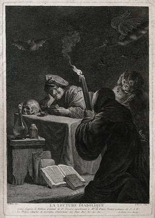 A man reading a grimoire, grinning; next to him a hooded man, kneeling on the floor, is holding a torch: they are conjuring up demons. Engraving by F. Basan after D. Teniers the younger, 1750/1790.