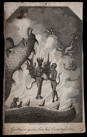 Standing within the jaws of Hell, Apollyon the angel of destruction hands his instructions to Sin. Engraving by W. Newman after himself.