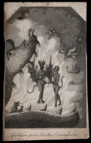 view Standing within the jaws of Hell, Apollyon the angel of destruction hands his instructions to Sin. Engraving by W. Newman after himself.