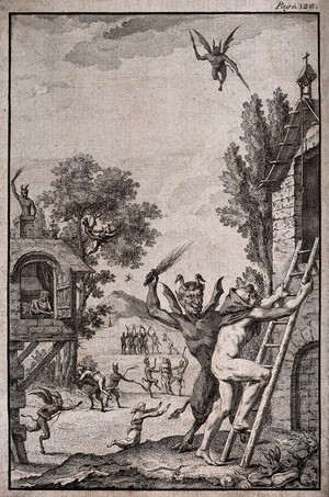 view Devils scourging monks in a village. Engraving, 17--.