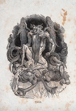 view Pluto, the guardian of hell. Wood engraving by J.A. Faxardo after J.J. Lecurieux, ca. 1838.