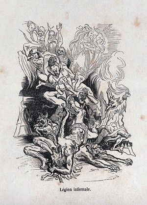 view The infernal legion of demons, in Tasso's Gerusalemme liberata. Wood engraving by J.A. Faxardo after Lecurieux, ca. 1838.