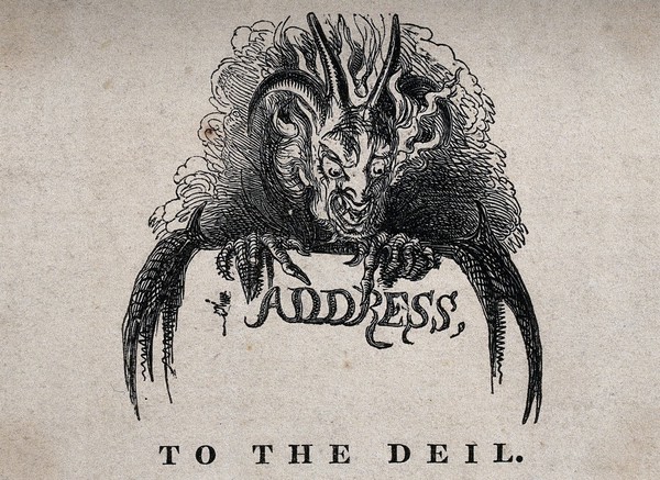 A horned devil is writing the word address with his claw. Wood engraving by S.M. Slader after T. Landseer, ca. 1830.