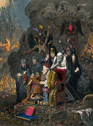 Voltaire instructing the infant Jacobinism. Coloured etching after J. Gillray, ca. 1800.