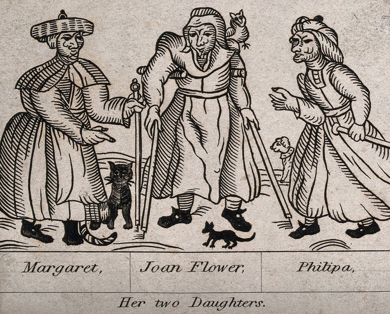 Three witches with a cat, a dog and a bird. Engraving, ca. 1800
