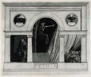 view The Pythia of Delphi (Delphic oracle), in her temple, giving prophecies to people. Etching by M. Dasio, 1901.